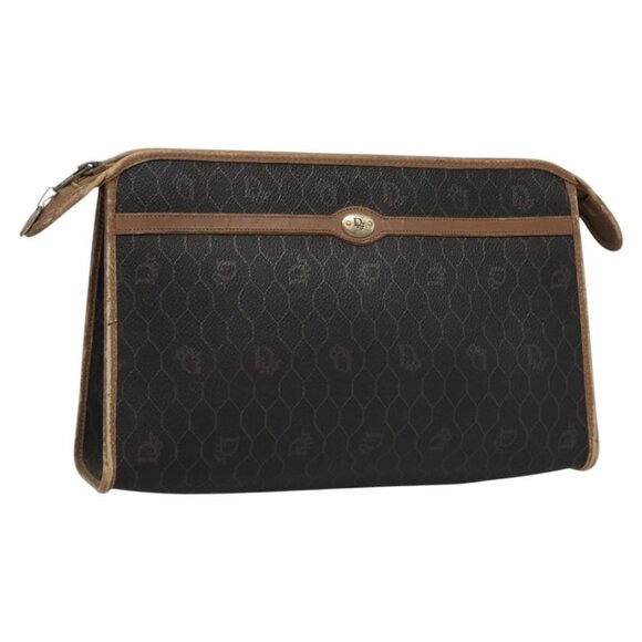 Christian Dior Honeycomb Canvas Clutch Bag PVC Leather Black Auth ti2901 - Picture 1 of 16
